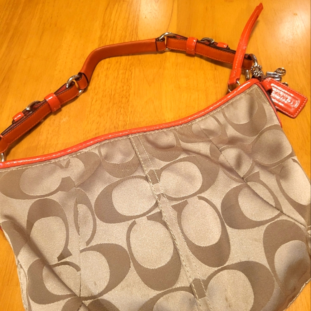 Coach Shoulder Bag - Khaki with Coral Trim